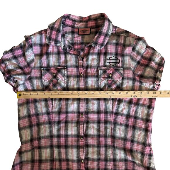 Harley-Davidson Pink Lavel Black and Pink Plaid Short Sleeve Button Up Blouse M - Picture 8 of 8